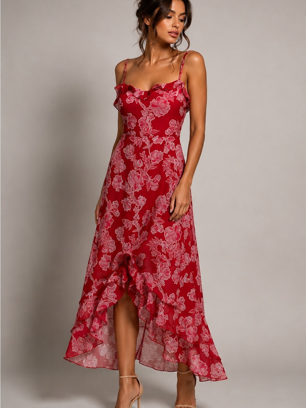 Lulu's Red Floral High-Low Ruffle Midi Dress